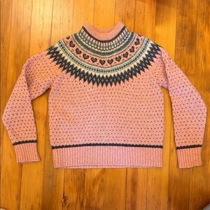 Vintage Eddie Bauer Pink Heart Fair Isle Turtleneck Wool Sweater Size L